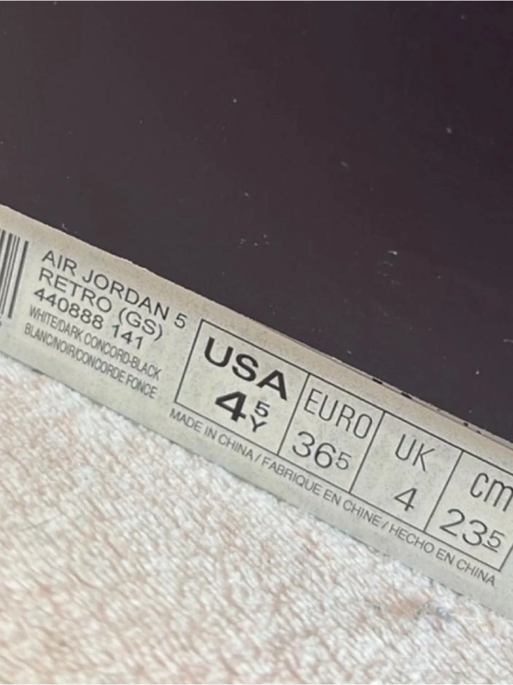 Nike Air Jordan 5 Retro White Black Purple (GS) Shoe Box Label